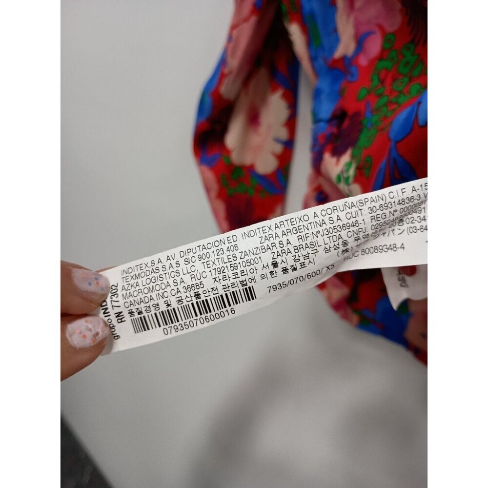 Zara Womens Blouse XS Red Blue Floral Drape Long Sleeve Crew Neck Pullover Top - Picture 6 of 10